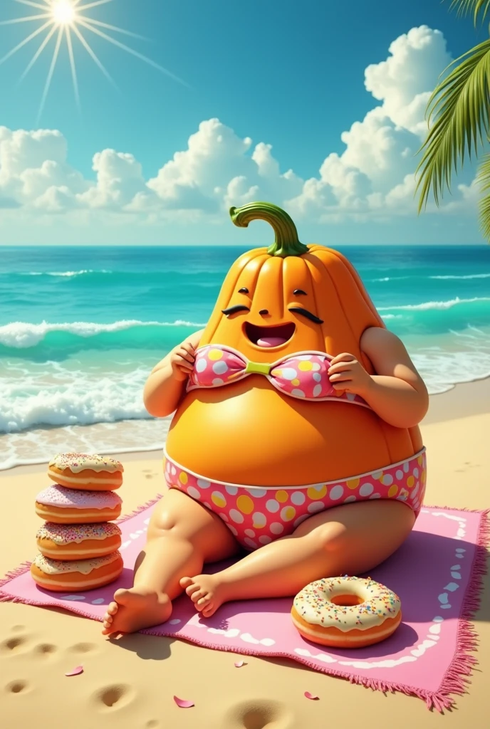 Create a bikini pumpkin, eating donuts and with big legs 