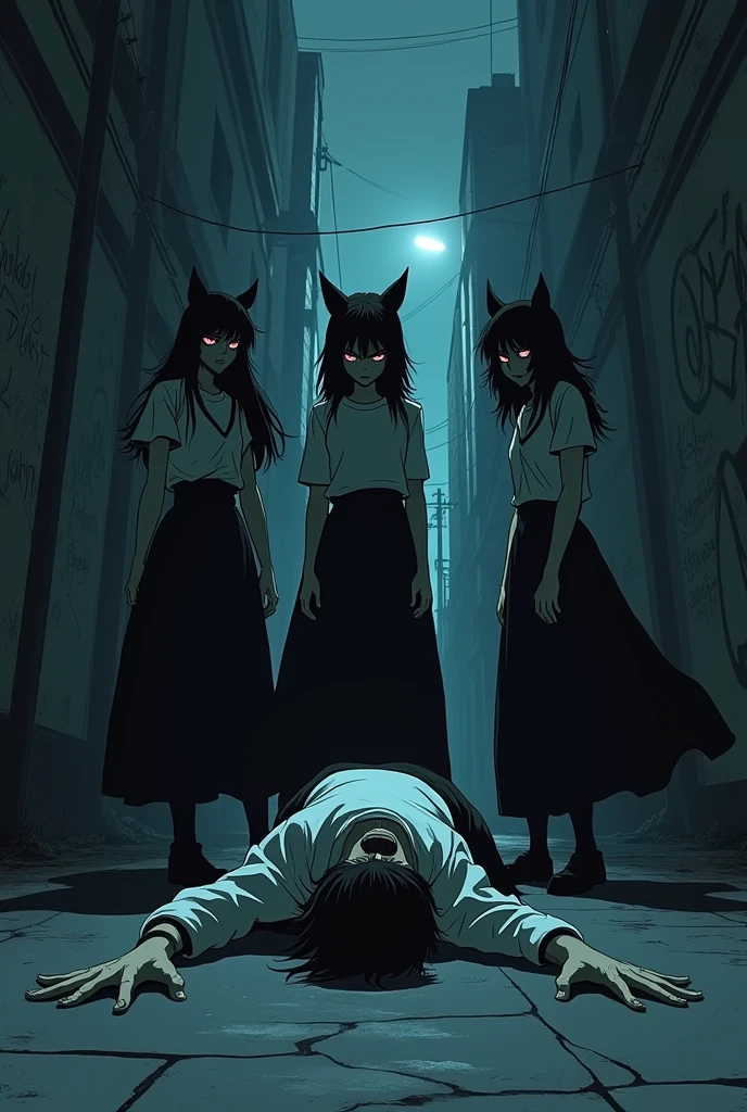 Group of angry girls in dark long skirts and cat-like features crouching down looking at a dead boy on the floor in anime