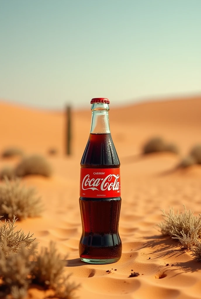 Create a Coca-Cola bottle in the desert