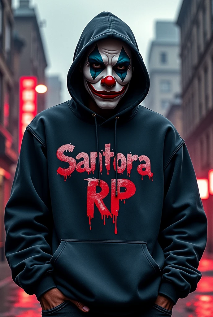 Front image with GTA RP character wearing a clown mask, hooded sweatshirt with a graffiti-style print that says Santora RP, with the backdrop of a city in shades of gray and red,