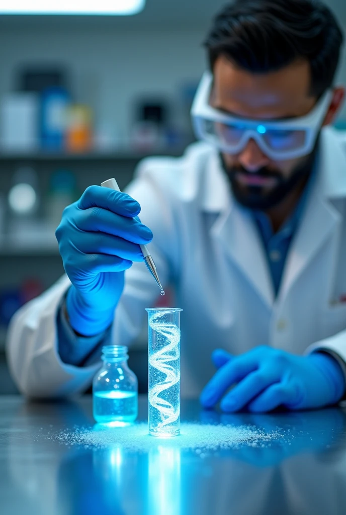 An image where DNA in an Eppendorf tube is being hydrated with a micropipette, it is the salting out method