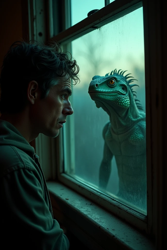 A man looking through a window, with the reflection of a reptilian superimposed on the glass.