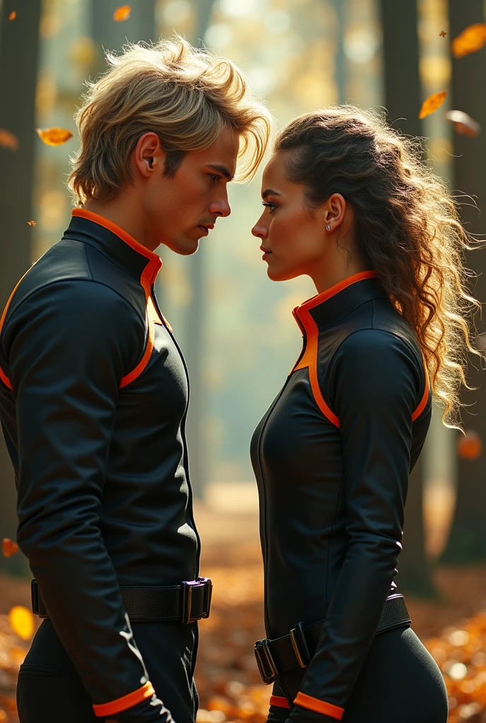 Make a tall, young, blonde man with medium hair,fighting against an attractive woman with light brown curly hair ,with a round face and very large brown eyes, Make them both wear a hunter-style uniform in black and orange.