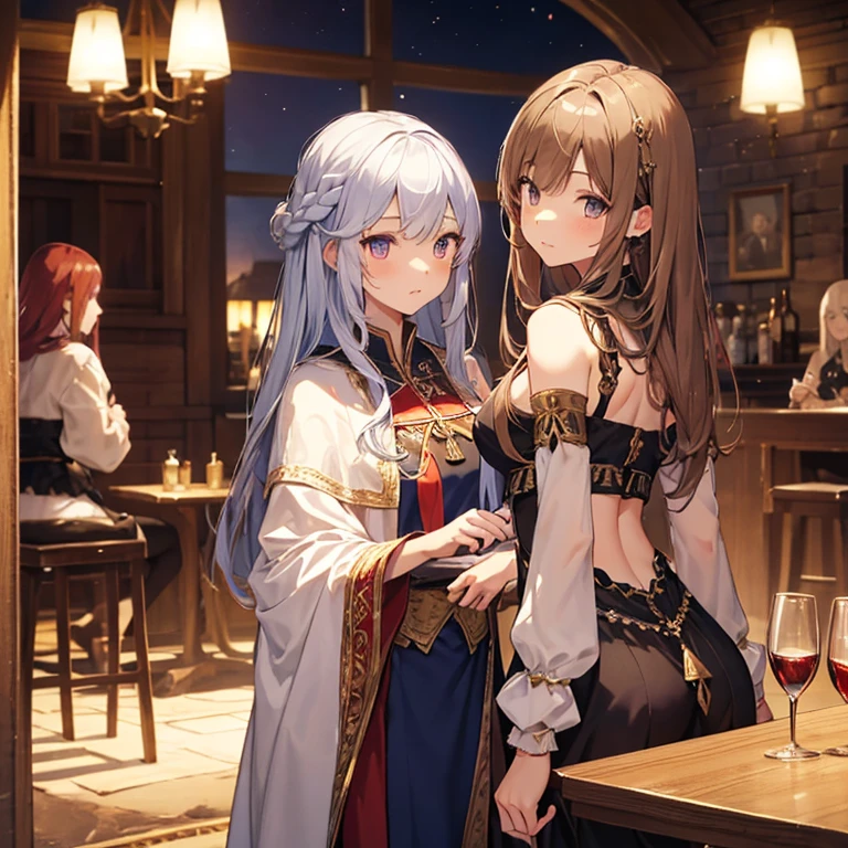 A group of priestess, (in tavern), various hair styles, harem, night, details face, seducing, ceremonial outfit, multiple girls