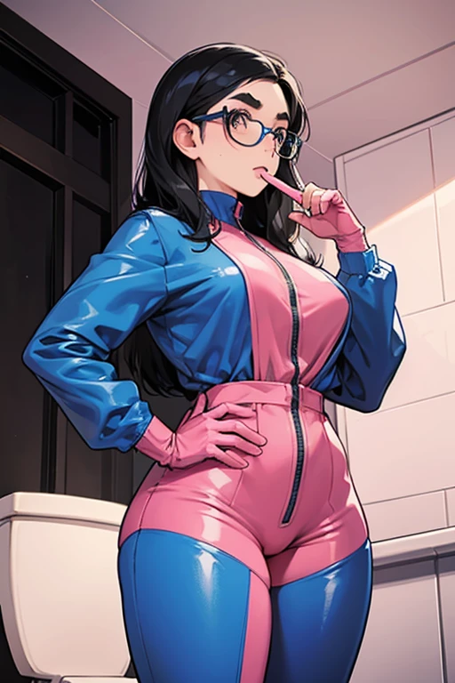 A black-haired, freckled girl with glasses wearing large pink rubber gloves and a blue long-sleeved jumpsuit Thick eyebrows Dirty toilet
