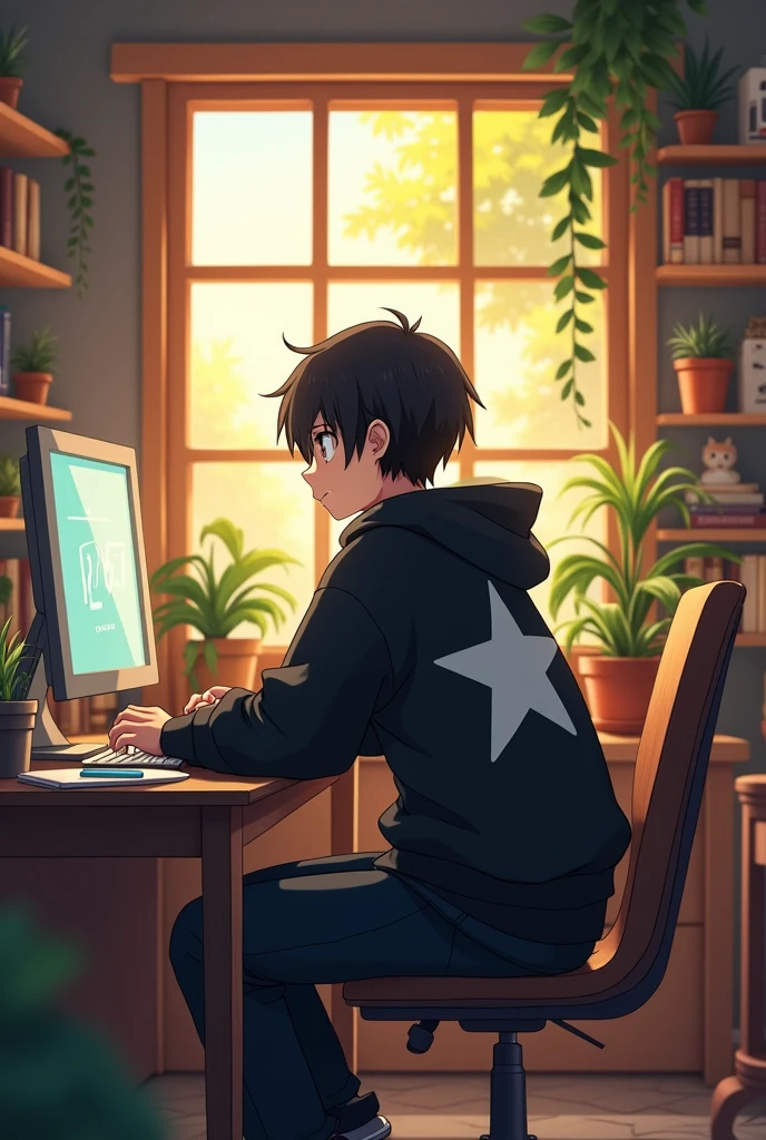 I want a Ghibli studio anime art, of a 25 year old boy, with a black sweatshirt, blackquality hair, a big white star in the middle of the sweatshirt, Using the computer
