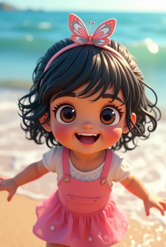 A child with black hair in an ocean wave style with a white and gray butterfly hairband and with brown eyes and a clean face and a pink outfit