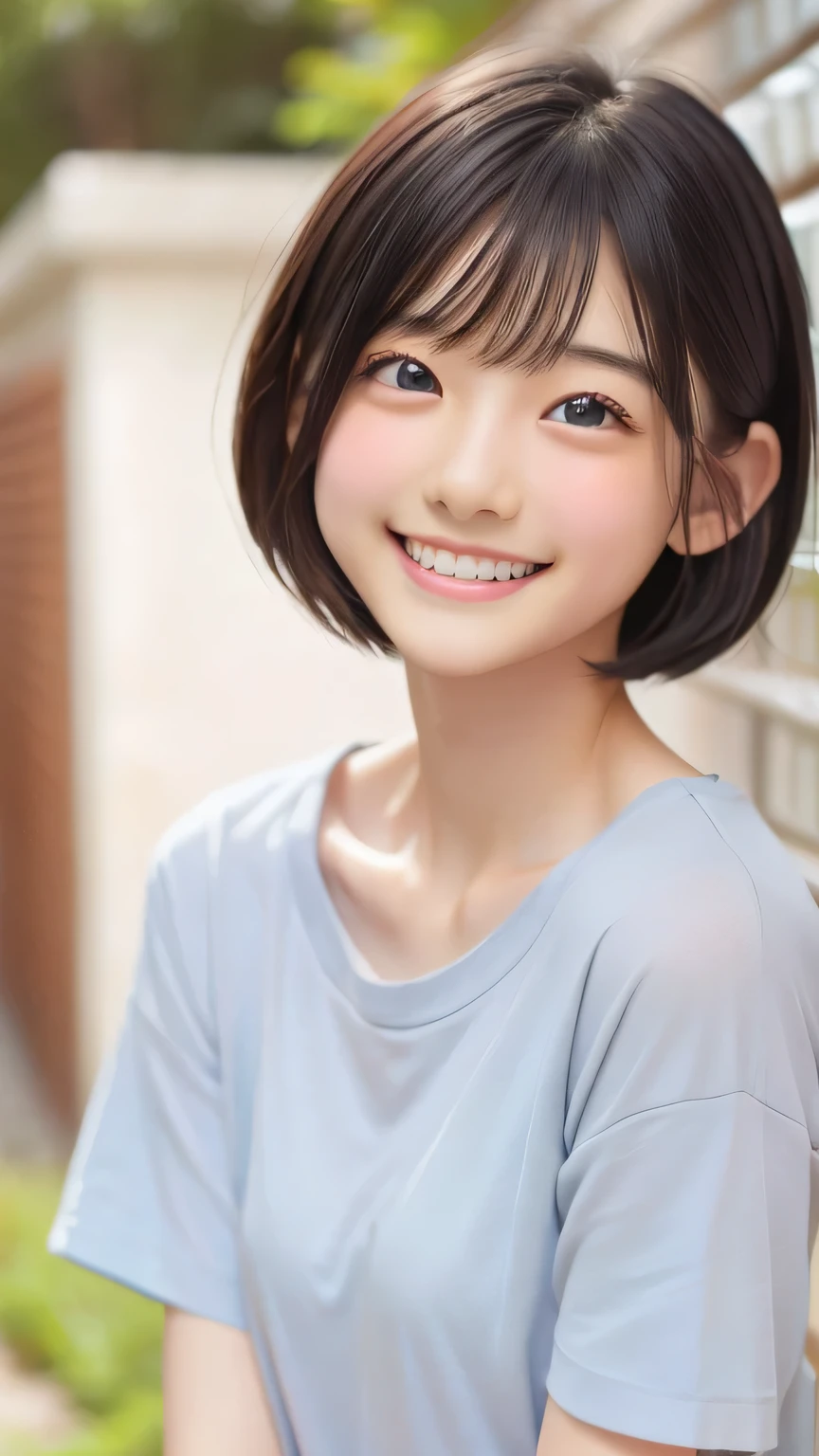 Highest quality、Realistic、、zoom、look up、cute、Light grey eyes、Black Hair、Very short hair、boyish、Light Blue T-Shirt、Bright smile、Face close-up、thin