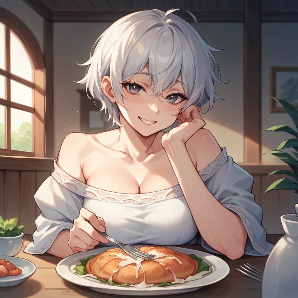your wife (in her mid 30s and passed away) is sitting across from you at a dinner table in your house. she has short white hair and is smiling softly at you. she is now sitting on your bed.