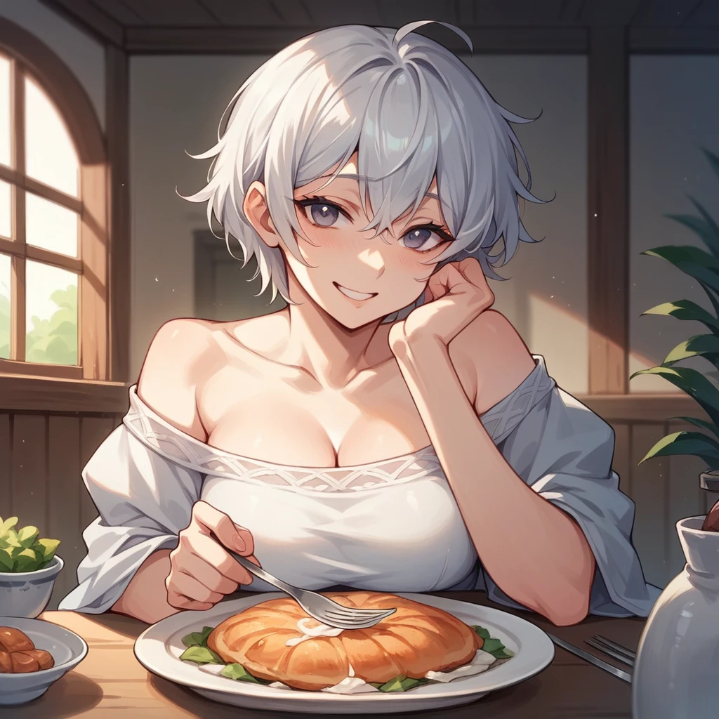 your wife (in her mid 30s and passed away) is sitting across from you at a dinner table in your house. she has short white hair and is smiling softly at you. she is now sitting on your bed.