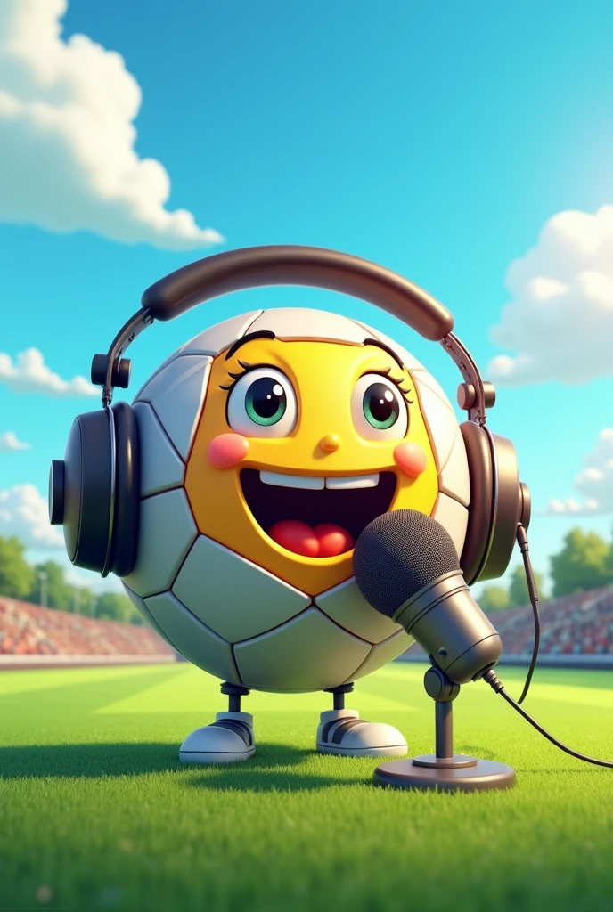 a soccer ball with a happy face wearing podcast headphones with a podcast microphone