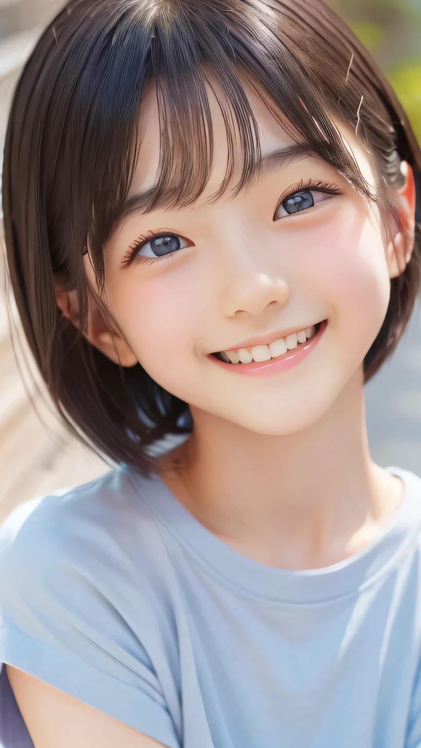 Highest quality、Realistic、、zoom、look up、cute、Light grey eyes、Black Hair、Very short hair、boyish、Light Blue T-Shirt、Bright smile、Face close-up、thin