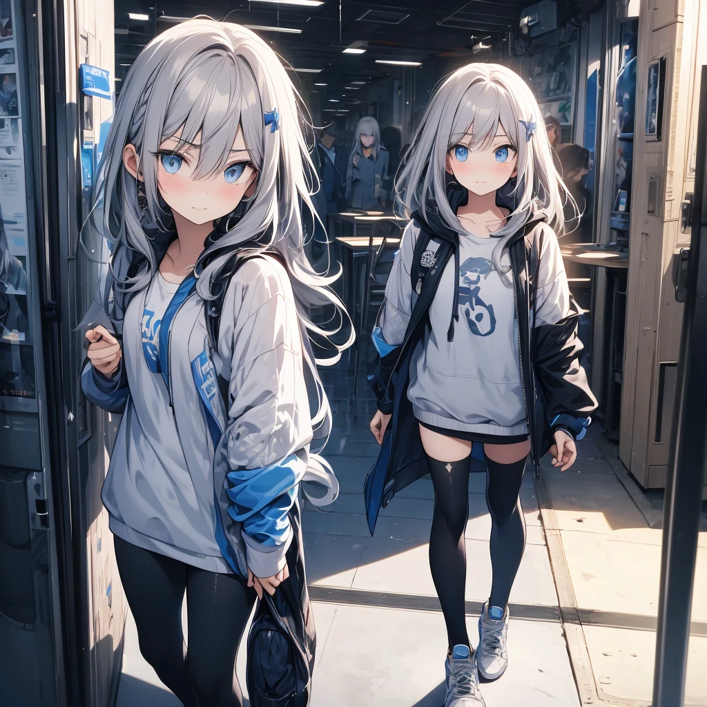 She has a faint smile on her face, light silver hair, blue eyes, is about the height of a high school student, and is standing wearing sneakers., 8k, Highest quality, masterpiece, An incredible shadow, Three-dimensional