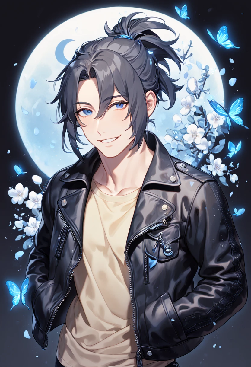 absurdres, highres, ultra detailed, HDR, master piece, best quality, extremely detailed, Nezumi, dark gray hair, hair tied in a spiky ponytail, expressive dark blue eyes, NO.6, solo, sexy man, handsome, handsome smile, manly man, sensual, horny, leather black jacket that is decorated with pockets and zippers, underneath he wears a pale yellow shirt, fantasy, magical, blue moon, blue flowers, blue butterflies, blue petals, blossoms, water