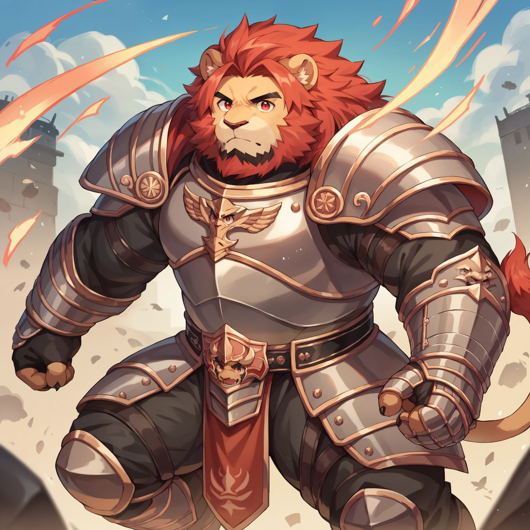 Scribble lion face,Humanity(lion),(armor:1.3),Chubby,(Black eyebrows:1.1),(Perfect red eyes),Red hair，（artist:Takemoto Arashi），battlefield，（Great Sword:1.3），paw，（black beard:1.3）。