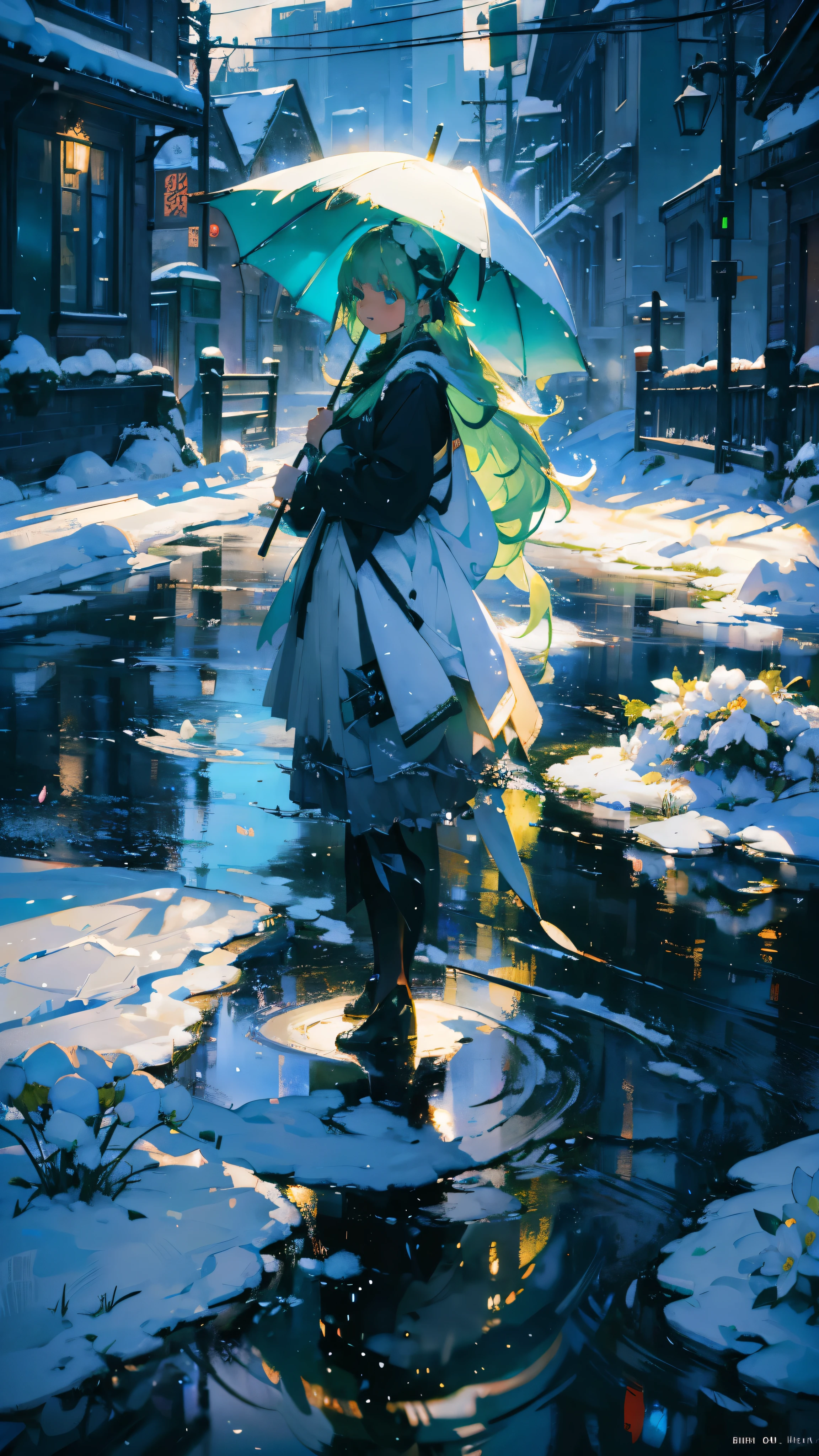 White flower、Green Hair、Black clothes、snow scene、snow、umbrella、puddle、Reflective plate, long hair, Surrealism, cinematic lighting, clair obscur, uhd, high details, best quality, highres, 8k