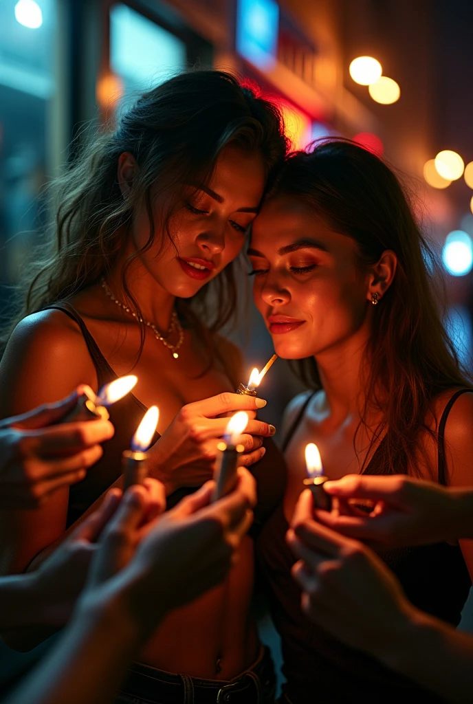 A woman with a confident expression, shoulders back and head held high holds a cigarette with her right hand. Seven hands appear on scene holding lighters, But the woman hugs with her left hand another woman who is holding a lighter access to light her cigarette 