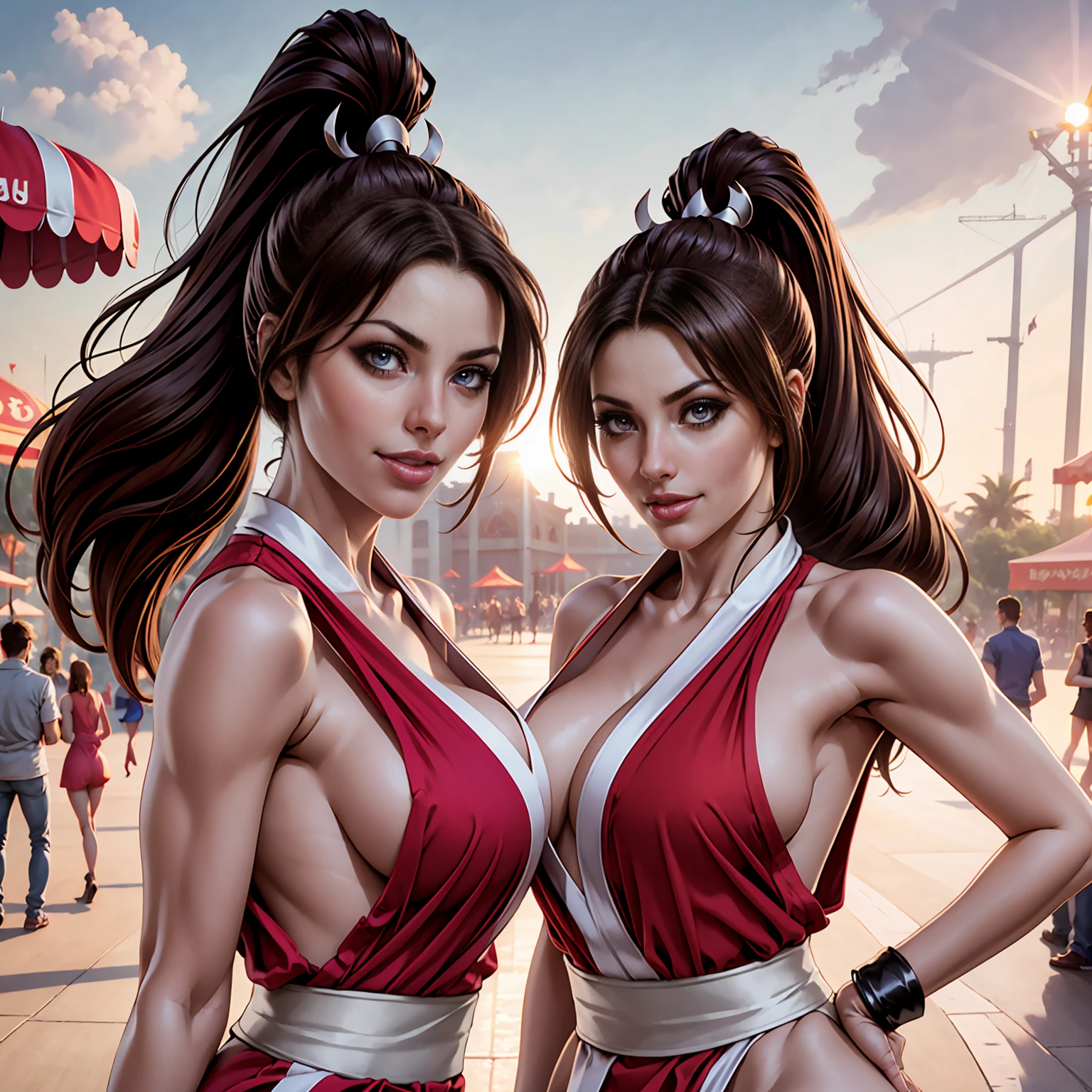 (Mai Shiranui), she is showing her side, She's on her side for the viewer,__body parts__, official art, 8k unit wallpaper, ultra detailed, beautiful, masterpiece, Super fine photo, high quality, super tall resolution, photorealistic, sunlight, smile, elegant dress, jewelry, in Birthday , amusement park, beautiful, highly detailed skin, realistic skin details, visible pores, sharp focus, digital SLR camera,