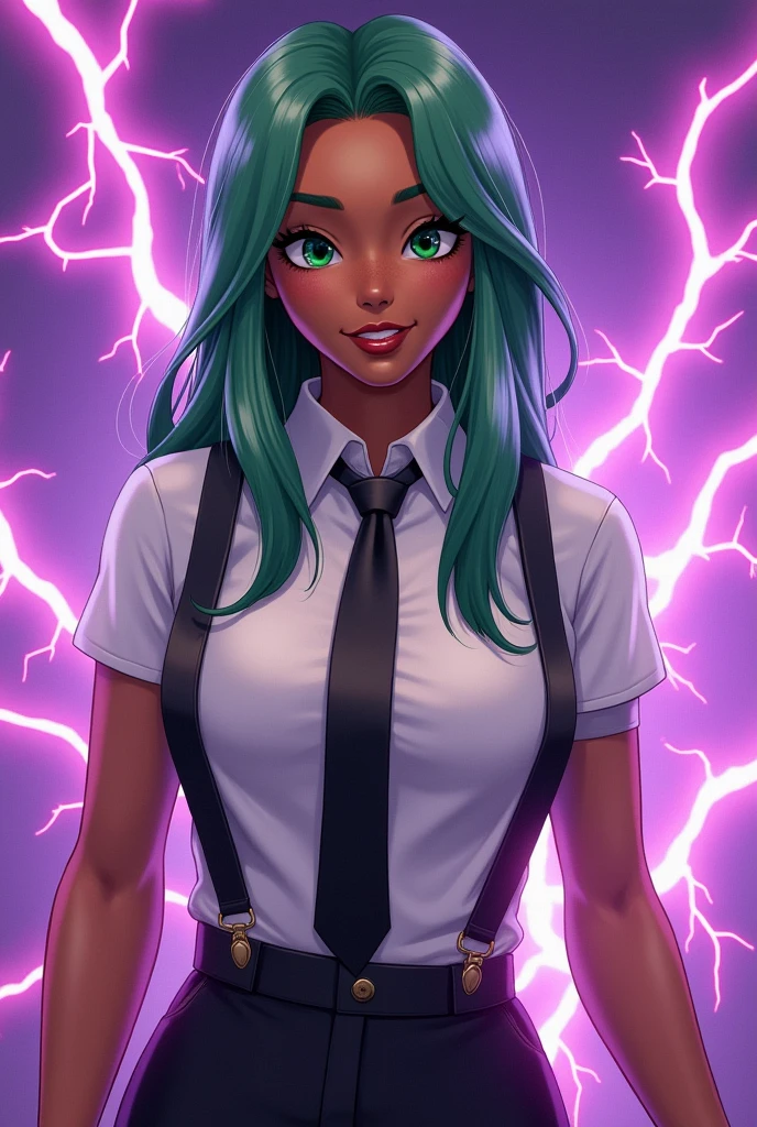 A brown-skinned woman with a rounded nose and mouth, extroverted, straight and green hair. He wears a white t-shirt with a black tie and suspenders, but he is smiling and has purple lightning bolts around it.