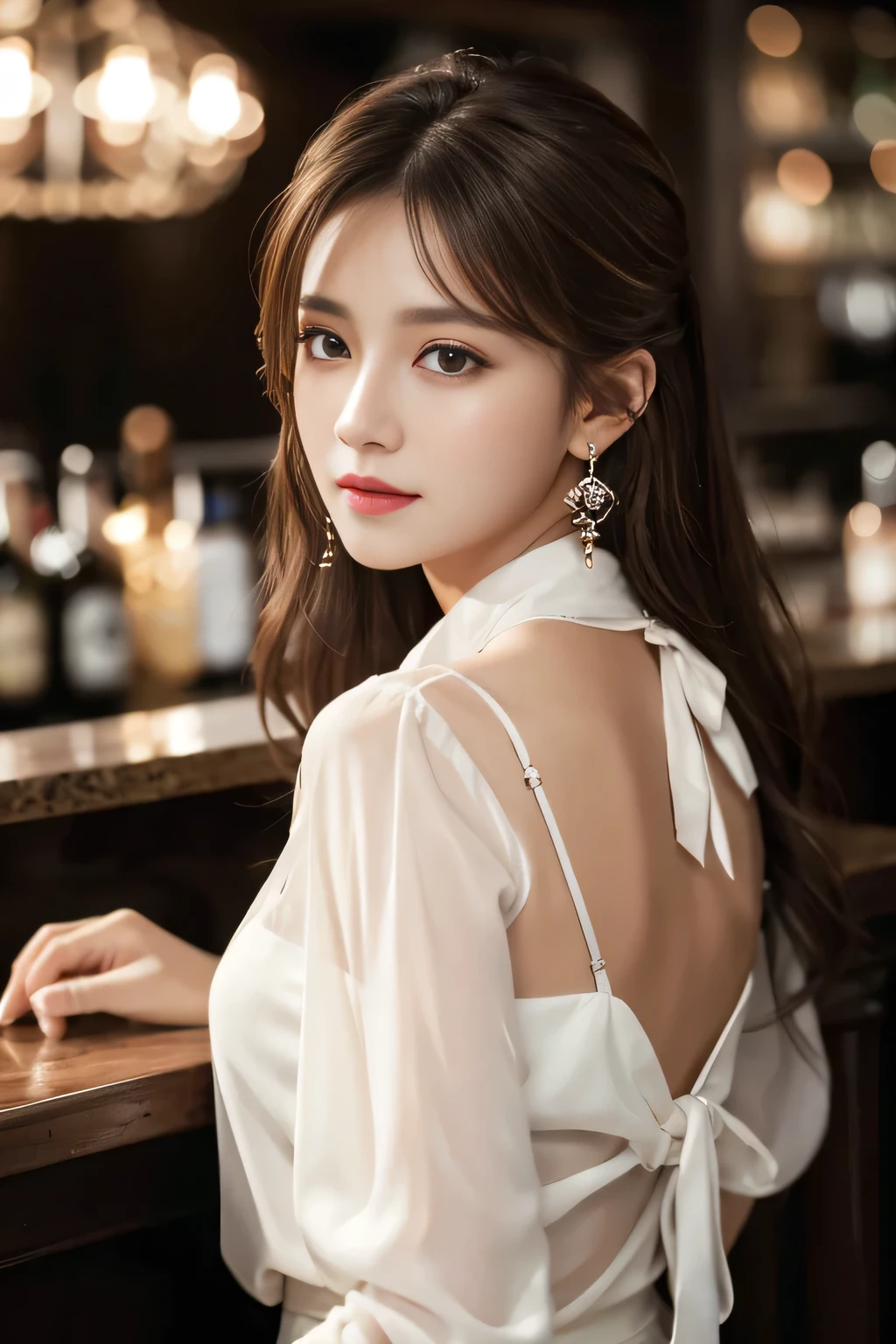 masterpiece, Highest quality, Realistic, Very detailed, Finer details, High resolution, 8k wallpaper, One beautiful woman, Wearing a white sheer shirt, Great bar restaurant, At night, Light brown messy hair, Perfect dynamic composition, Beautiful and beautiful eyes、Big earrings