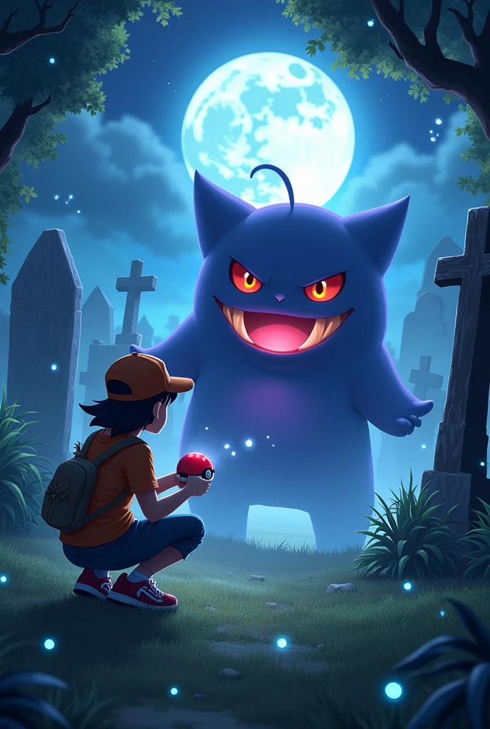a hyperrealistic photo of a pokemon trainer trying to catch a gengar