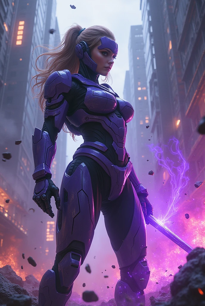 (thick tighs:1.6)(large breast:1.6)photorealistic, detailed flying debris,a bulk female warrior in halo spartan armor fighting strongly an army of aliens, perfect fit body, purple aura fire around her, body dynamic epic action pose, bladerunner city street ruined background, trending on artstation, extreme details, cinematic, surreal, manga, anime, intricate details, very detailed and intricate armor, octane render, dynamic epic action pose