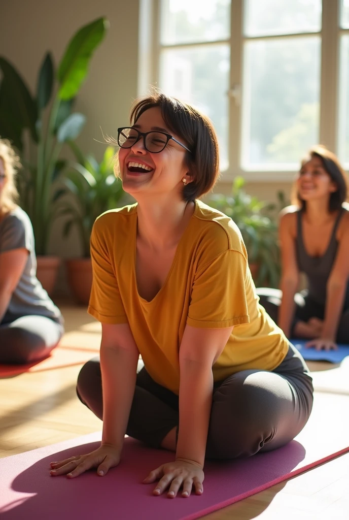 Draw a caricature of a chubby woman with a round face wearing square glasses, short hair below her ears, in a yoga class.