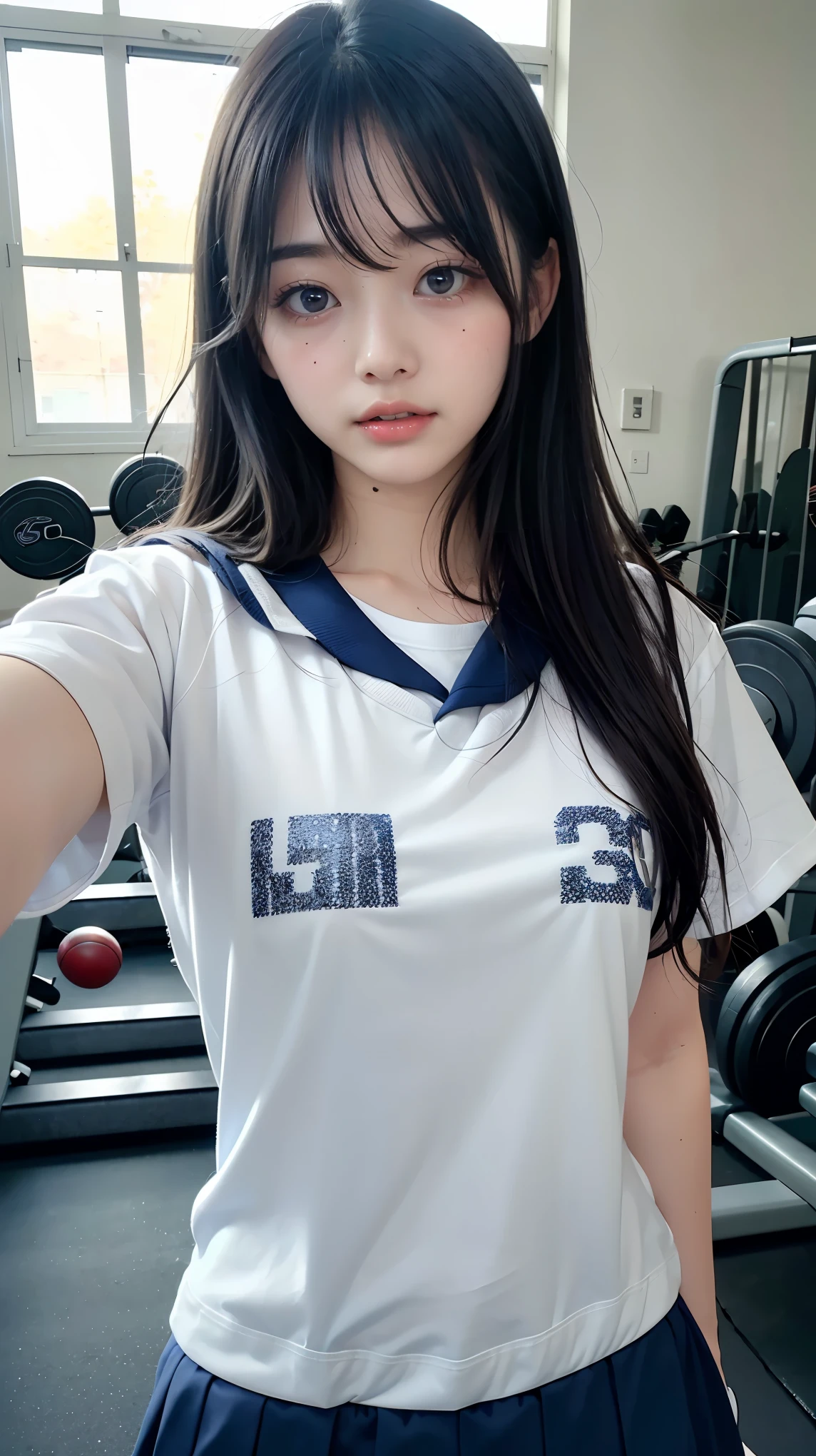 ((Navy Blue Bloomer:1.5)), ((Junior High School Gym Uniform, White T-shirt:1.5)),The cutest gravure idol pose in the world、Perfect Proportions、cute、((18-year-old female:1.2))、Young and adorable Japanese face，Official Art，(masterpiece:1.0),(Highest quality:1.0), 超High resolution,Very detailed, photo shoot, 8k, High resolution, Kodak Portrait 400, Film Grain, Lens Flare Glow,高いest quality,8k,nsfw:1.2),Portrait Shot,View the viewer