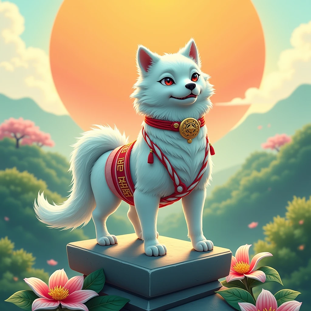 yellow Pale blue Guardian Dog Wearing red and white rope and loincloth。 Japanese dog