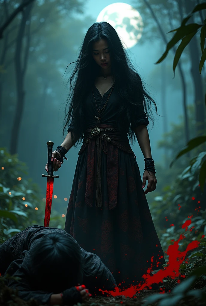 Indonesia beauty woman cutting throat a ninja, blood stains, blood splashed