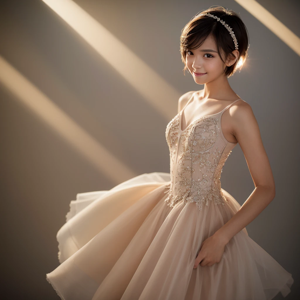 Fashion model photography, Ballet Dress, Strong design sense, Medium Shot, South African girl, short hair, hair accessory, Delicate skin, smile, Simple Background, High quality texture, Glare Backlight, Professional Studio Lighting