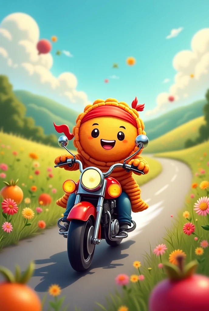 A food fritter riding a motorcycle