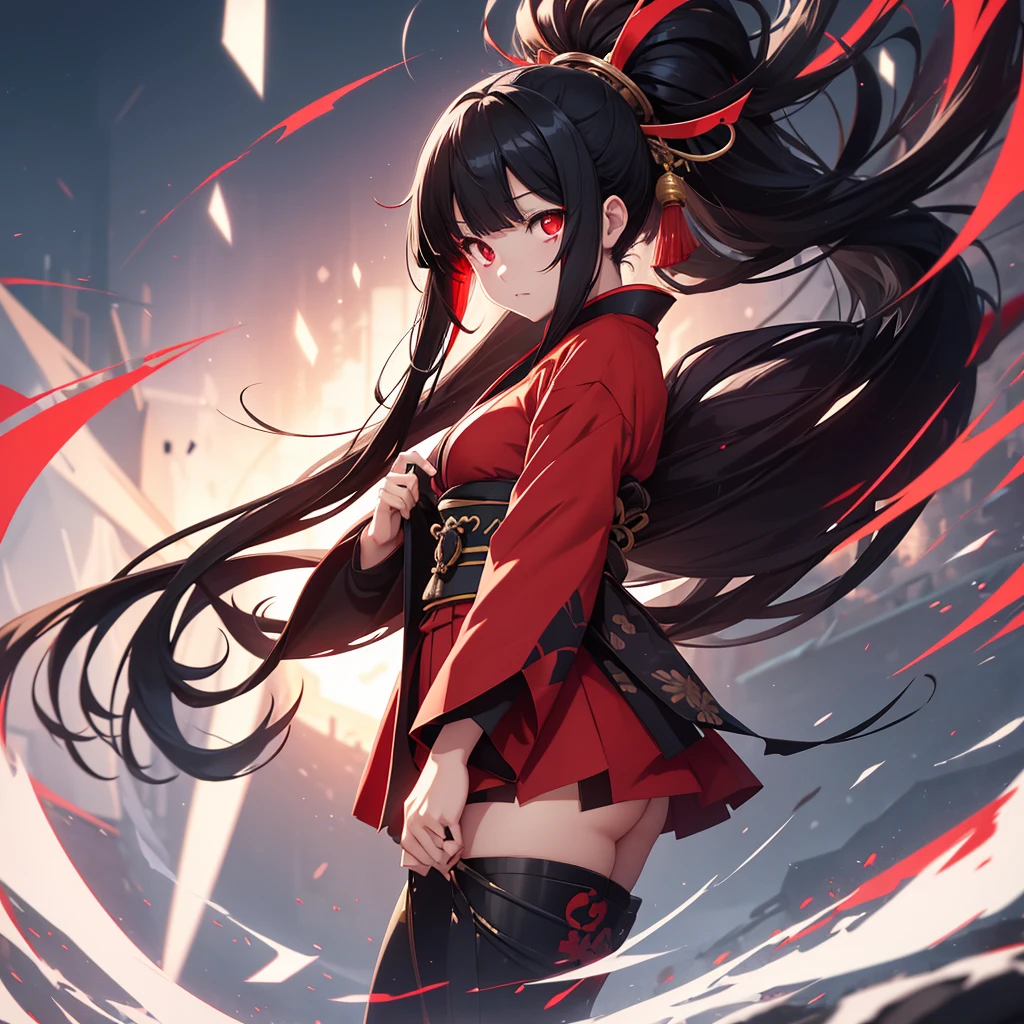 danzou katou, android, black hair, long hair, ponytail, (red eyes:1.5), kimono , nija girl , full body , sexy , short skirt ,