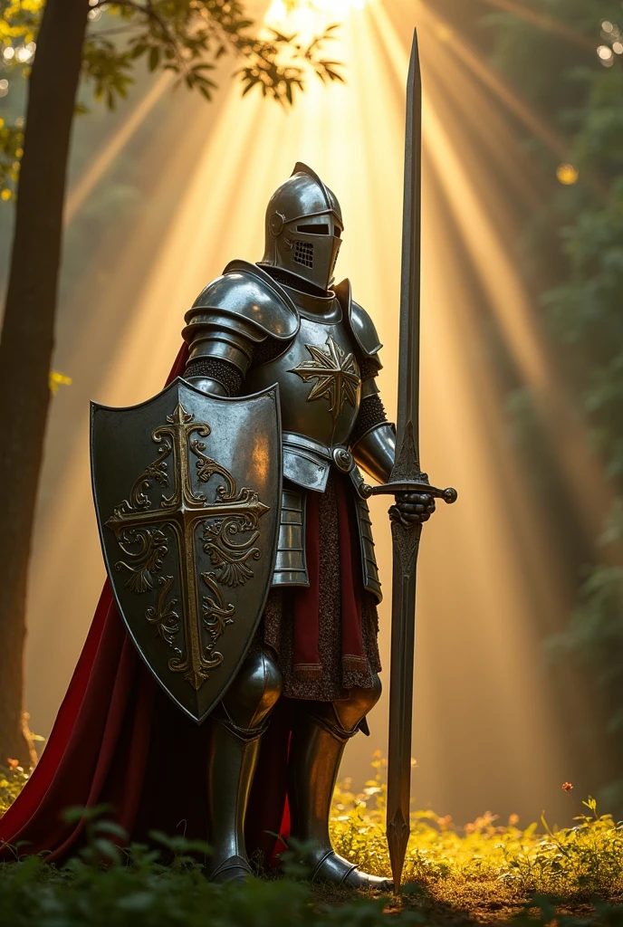 Templar knight in full armor with sword and shield, Very detailed, 8k, Global Illumination, Wide-angle, God&#39;s Rays
