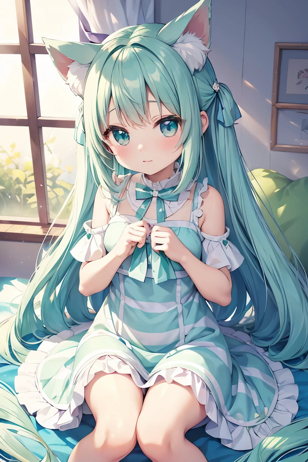 anime、pastel、Young、child、Very short、White semi-long、Dog ears、Fluffy tail、Big, cute eyes、Emerald green odd eyes、Cheeky cheeks、Slender body、She is wearing a white and light blue striped dress.、It looks like she's come to play in the flower garden with her white bag