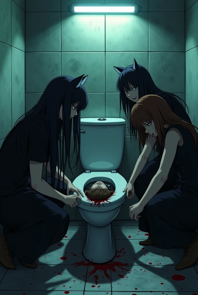 A group of angry girls with long dark skirts and cat-like features crouching, putting a dead boy in a toilet on the floor in anime.