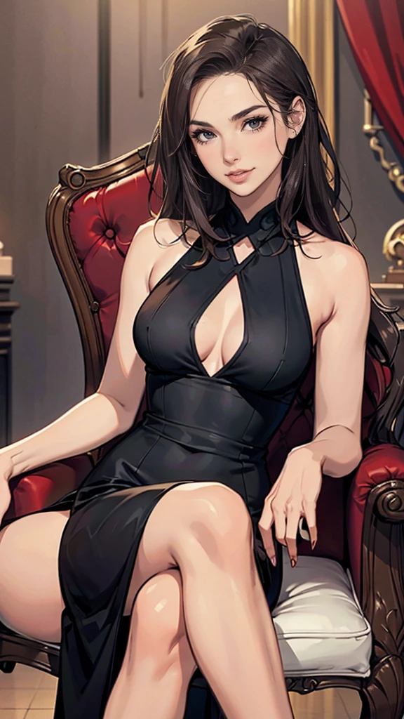 Realistic close-up photo, Woman in a black dress, sitting in the red armchair , nice legs, crossed legs, pose y, hotel room, beautiful woman, perfect body, medium bremooth brown fur, detailed face, smile, photo taken from a distance, 25 years old