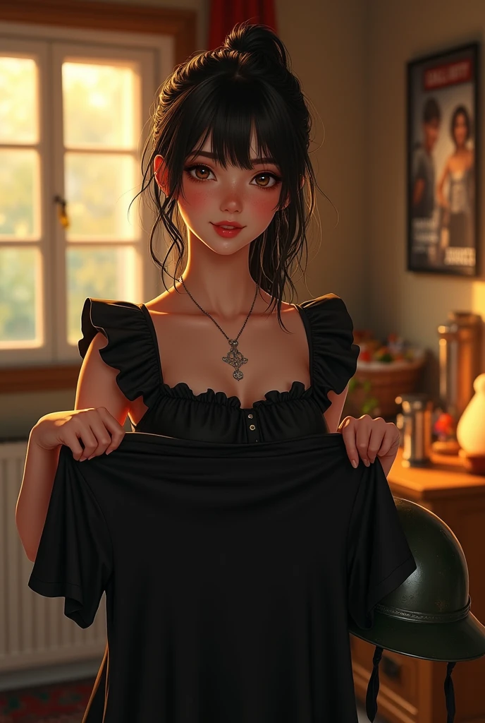 (semirealism:1.2), shoot from the upper angle, inside apartment, bed in the background, COD game poster on the background, military attributes on the background, golden hour, beautiful woman, freckles on face, pale skin, jet black hair, ponytail without bangs, short ponytail, black eyes, wearing black milkmaid dress, warm color, cheerful face, youthful face, holding a wet black t-shirt in one hand, holding a military helmet on the other hand