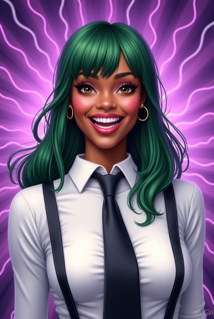 A brown-skinned woman with a rounded nose and mouth, extroverted, straight and green hair. Wear a white shirt with a black tie and suspenders, smiling, and with realistic purple rays around you.