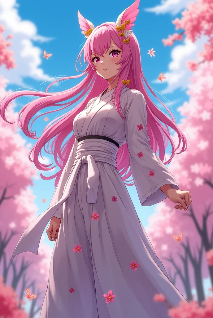 OC Kimetsu No Yaiba, Flower Pillar, female, 20 years old, pink hair, There are two butterfly clips in front of the cheeks, Butterfly clips behind the head, big breasts, small waist, big butt, the garment is made of a lightweight and durable material, inspired by Gakuran uniforms, completed with hakama pants (wide-leg Japanese-style pants) and a white belt.