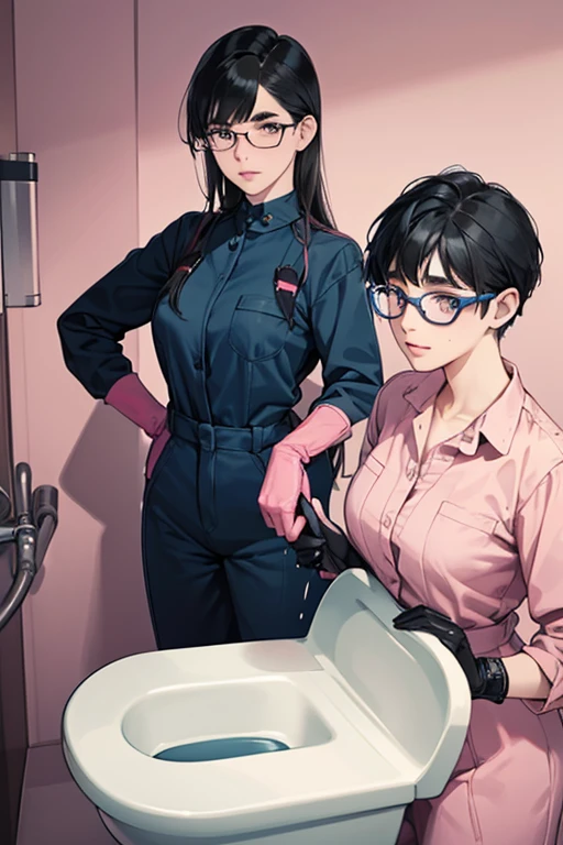 Two black-haired, freckled, bespectacled girls, both wearing blue long-sleeved coveralls and large pink rubber gloves.　Thick eyebrows　Dirty toilet