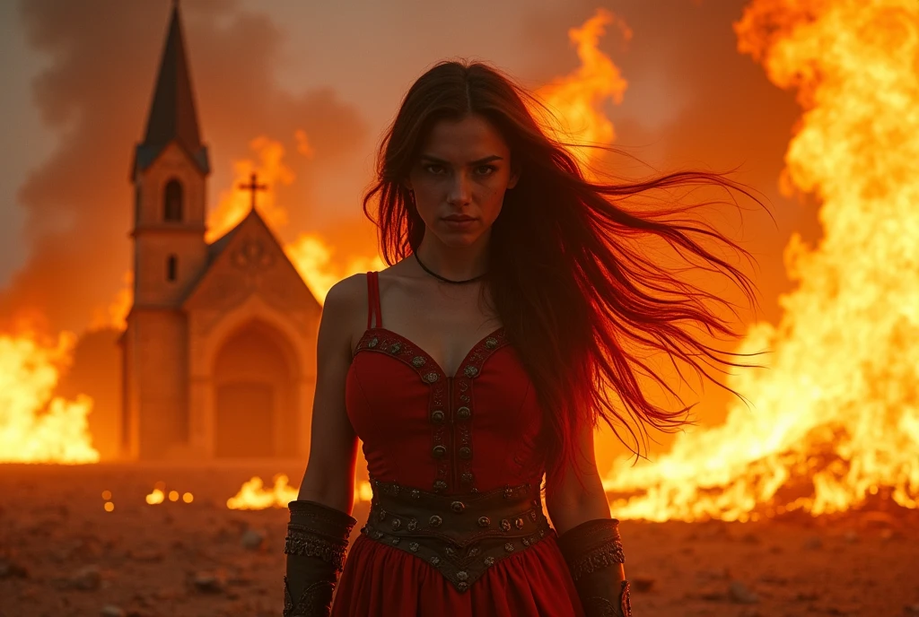 (Photorealism:1.2), high quality, 8K Ultra HD, A cinematic masterpiece unfolds: In this breathtaking cinematic masterpiece, a young fire sorceress stands triumphantly, her dark hair aglow with fiery red streaks as she unleashes a blazing fireball towards a burning church in the background. Her angry expression is captured in stark relief against the ominous, epic atmosphere. The 32k ultra-fine detailed image features intricate artwork and smooth transitions between colors, with natural lighting and HDR elements adding depth to the photorealistic scene. A 50mm lens at f/2.8 creates an optimal depth of field, rendering the scene in exquisite realism, rivaling Greg Rutkowski's style.