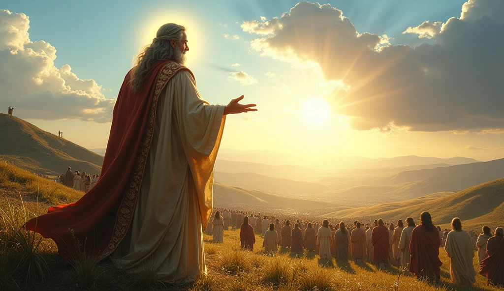 The scene shows Moses standing on a hill watching his people from afar, with the bright sunlight behind him. 