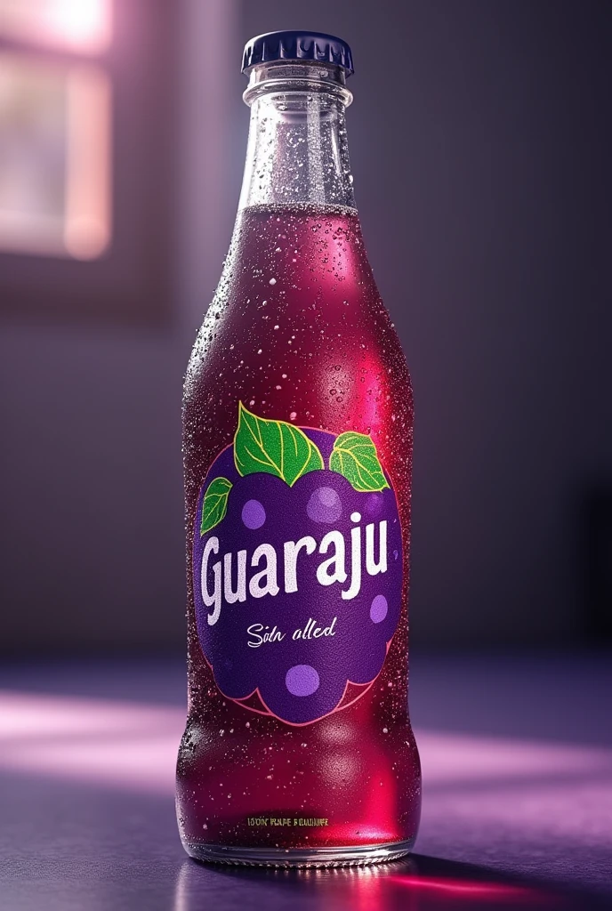 a detailed photorealistic bottle of grapes flavored guaraju soda,highly reflective glass material,intricate logo design,dynamic lighting,vibrant colors,8k,hyper detailed,masterpiece,(best quality,4k,8k,highres,masterpiece:1.2),ultra-detailed,(realistic,photorealistic,photo-realistic:1.37),studio lighting,physically-based rendering,extreme detail description,professional,vivid colors,bokeh