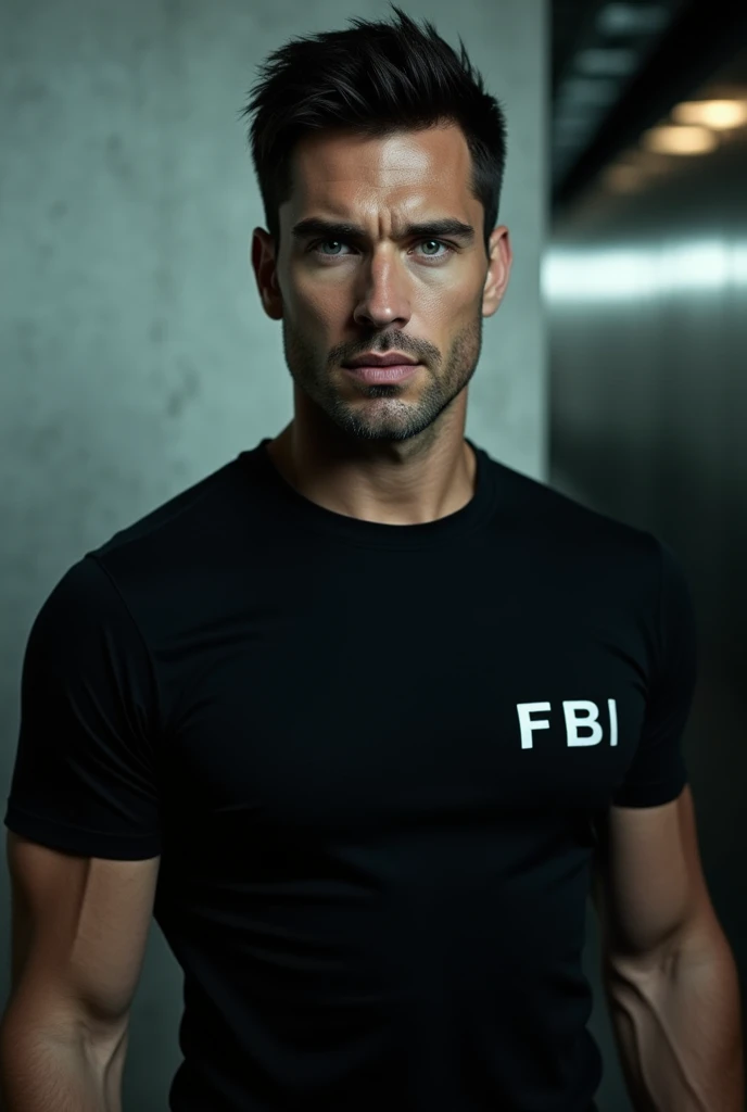Young sexy and handsome europe tall man with black hair, super big muscles, pale skin, light blue eyes with an intense look in his eyes, a serious face, wearing a FBI Agent black shirt looking at the front of the screen