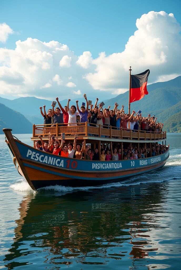 Recreate a photo of a two-story wooden boat, with the name in the Spanish language of: "PESCANICA 10" written to the side, and with a red and black flag placed on the bow, and with many people of Nicaraguan mestizo race with books and with their right hand up in the shape of a fist, navigating a Nicaraguan lake