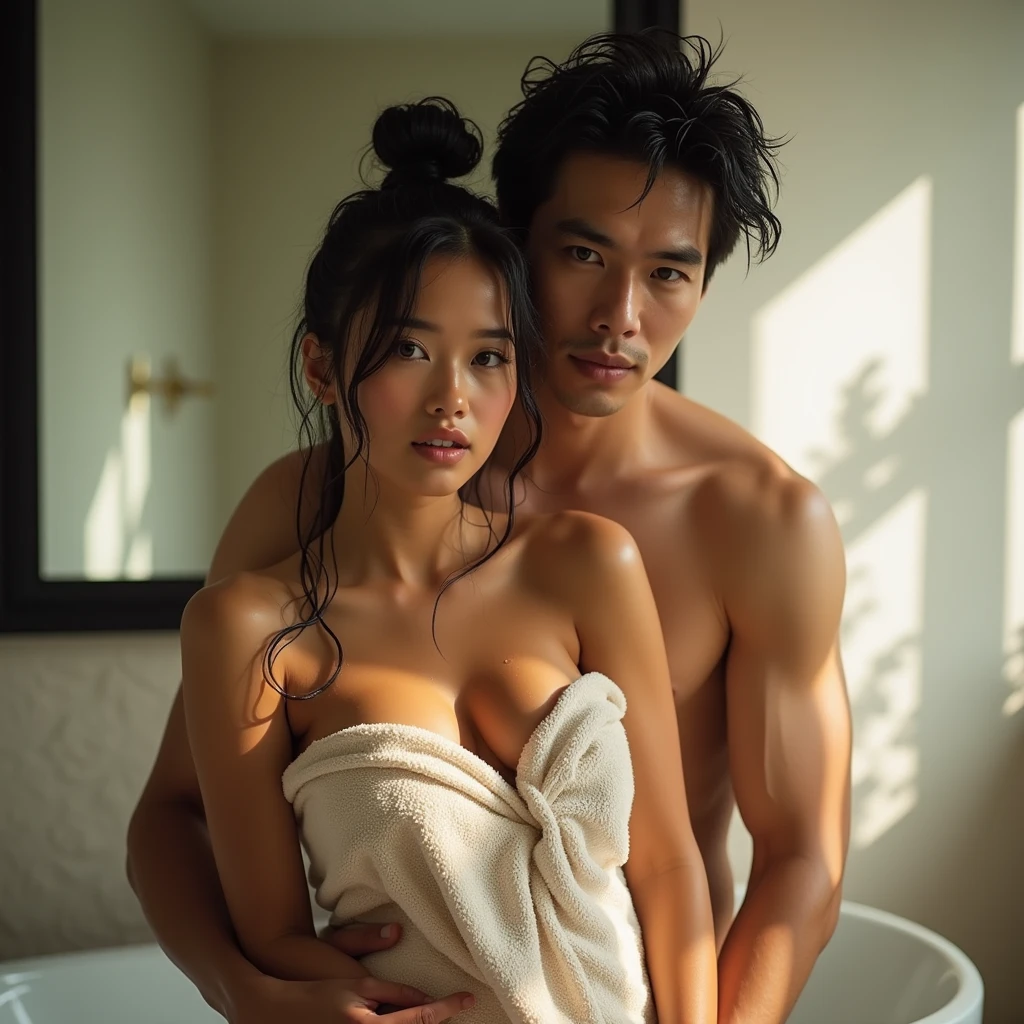 Indonesian couple that consists of a young slim tiny georgeus girl and an old macho erection man, as the father and his daughter, the man has a normal big erection penis, very detail, very realistic, natural, no underwear, no bra, no panty, full naked, nude, in the bathroom, both love each other and very horny, the father touching the girl's vagina want to make love,