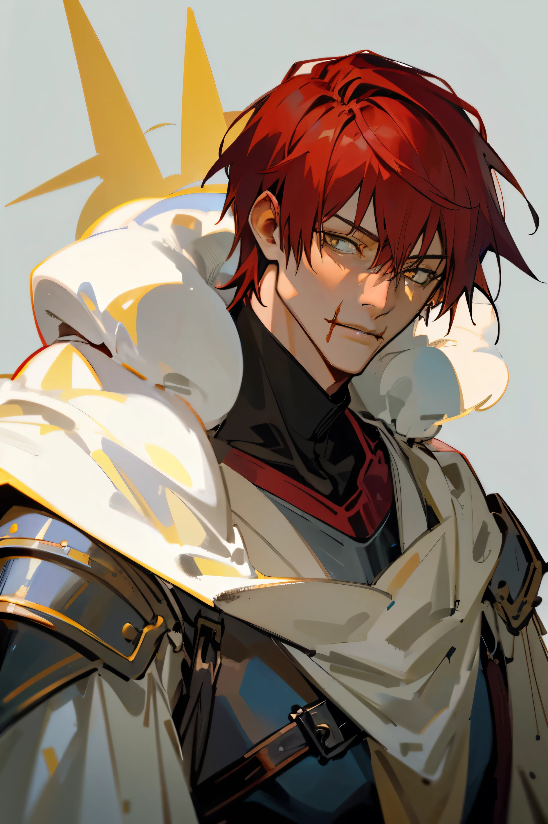 Male man, medium length red hair, yellow eyes, grown-up face, grown-up, white hood and shroud, plate armor breastplate, bonitas, with a scar on the left cheek fantasy, Action, sorcerer