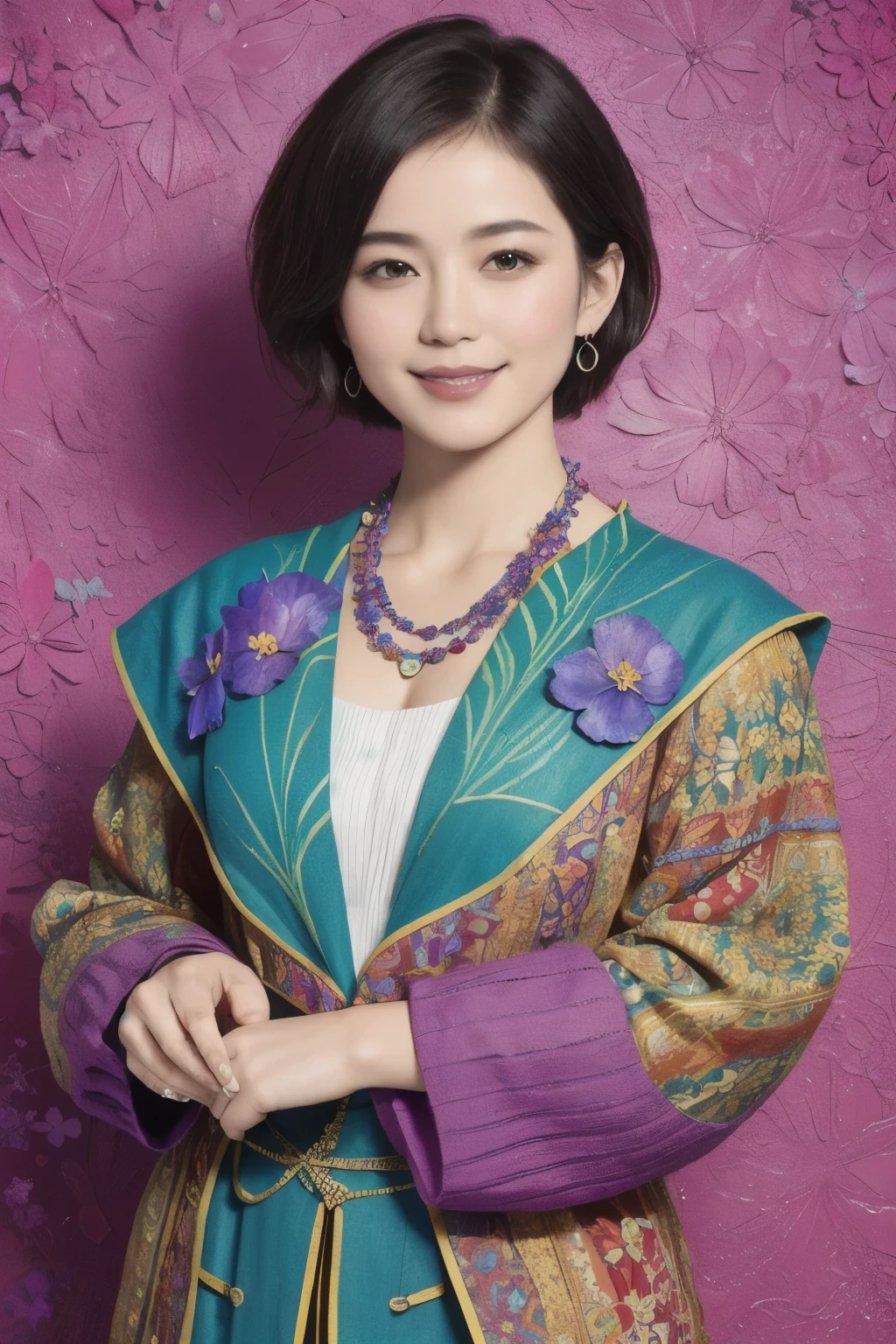 272 (20-year-old woman,short hair), (masterpiece, Highest quality, beautiful:1.2), Very detailed, (Fractal Art:1.1), (colorful:1.1), (flower:1.3), whole body, (Abstract background:1.3), (Many colors:1.4), (Old-fashioned smile), (Hawaii)
