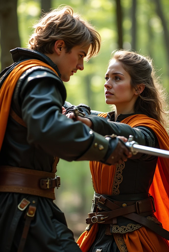 Make a tall, young, blonde man with medium hair,fighting against an attractive white-skinned woman with light brown hair ,with a round face and very large brown eyes, Make them both wear a medieval hunter-style uniform, black and orange.